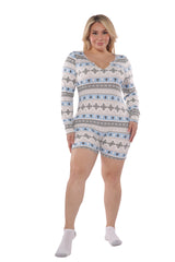 Wholesale Womens Plus Size Holiday Print Fleece Lined Romper Onesie - White & Blue