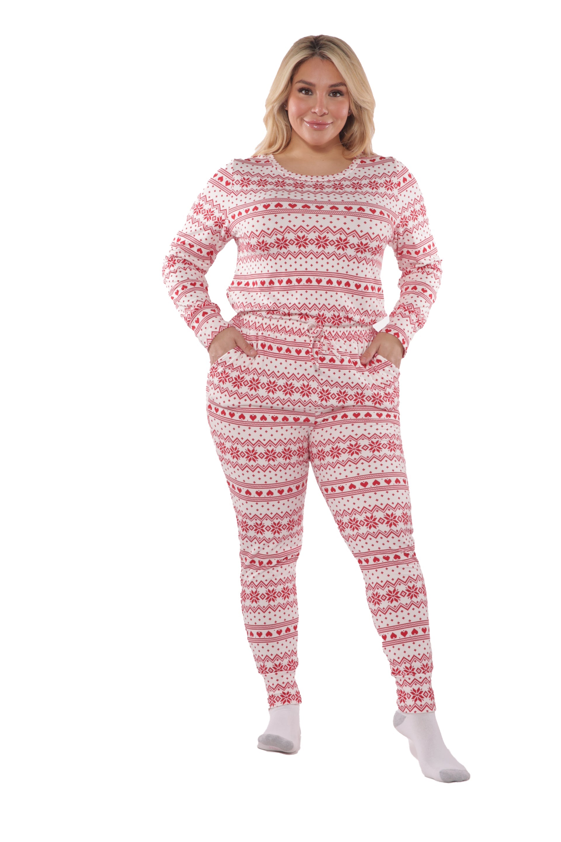 Wholesale Womens Plus Size Holiday Print Fleece Lined Long Sleeve Top & Sweatpants Pajama Set - White & Red