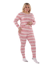 Wholesale Womens Plus Size Holiday Print Fleece Lined Long Sleeve Top & Sweatpants Pajama Set - White & Red
