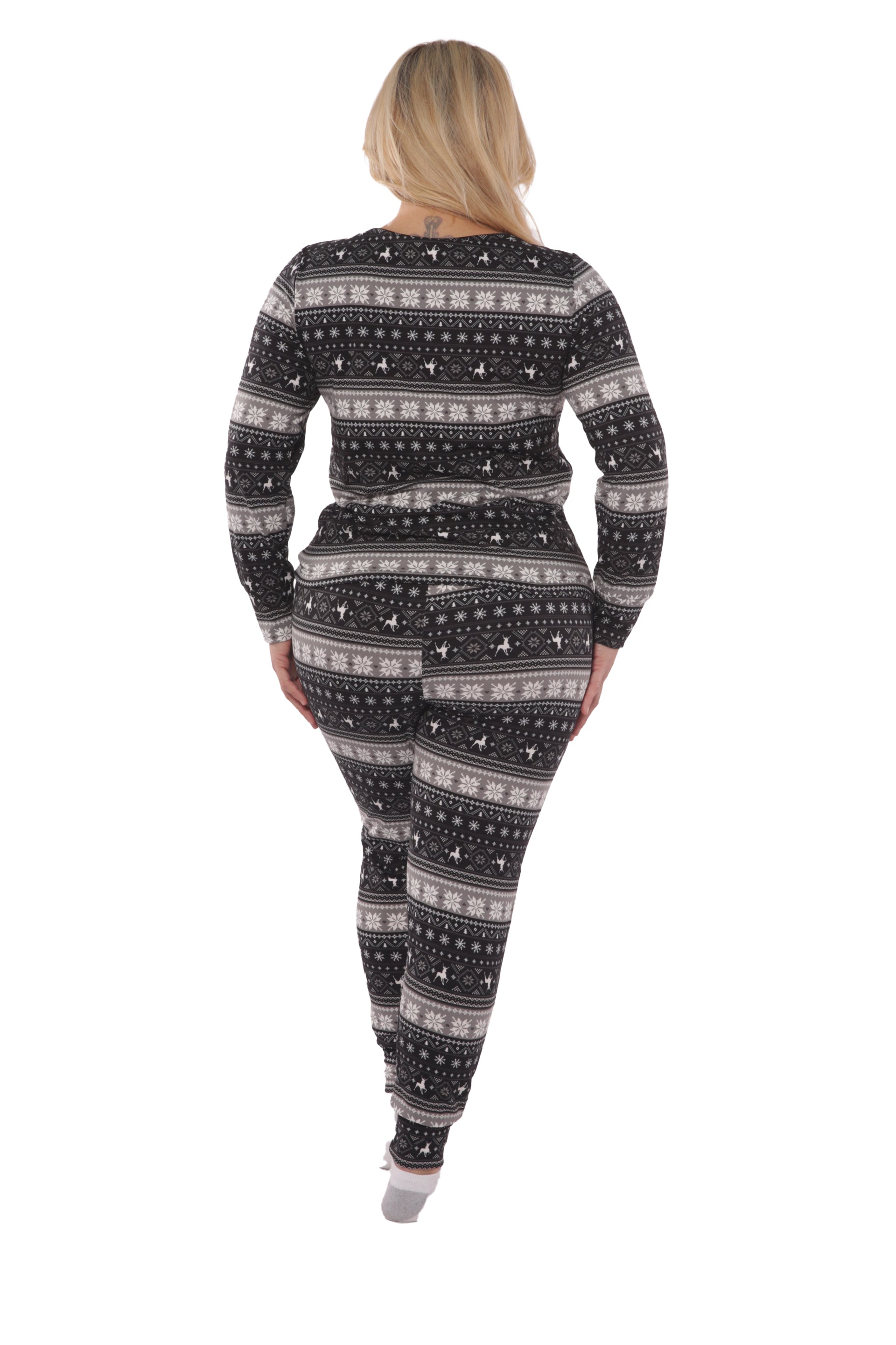 Wholesale Womens Plus Size Holiday Print Fleece Lined Long Sleeve Top & Sweatpants Pajama Set - Black & Gray
