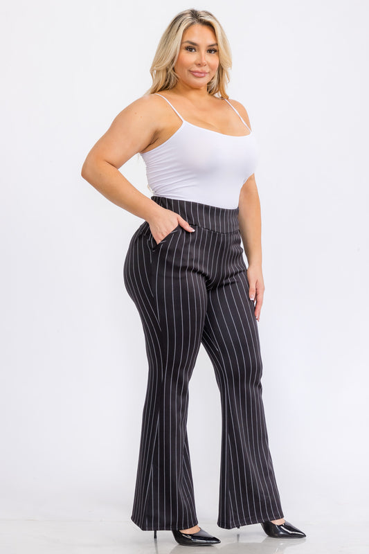 Wholesale Womens Plus Size Tummy Control Butt Sculpting Flare Pants With Pockets - Black, White Stripes