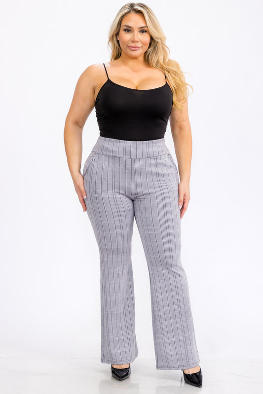 Wholesale Womens Plus Size Tummy Control Butt Sculpting Flare Pants With Pockets - Black, White Plaid