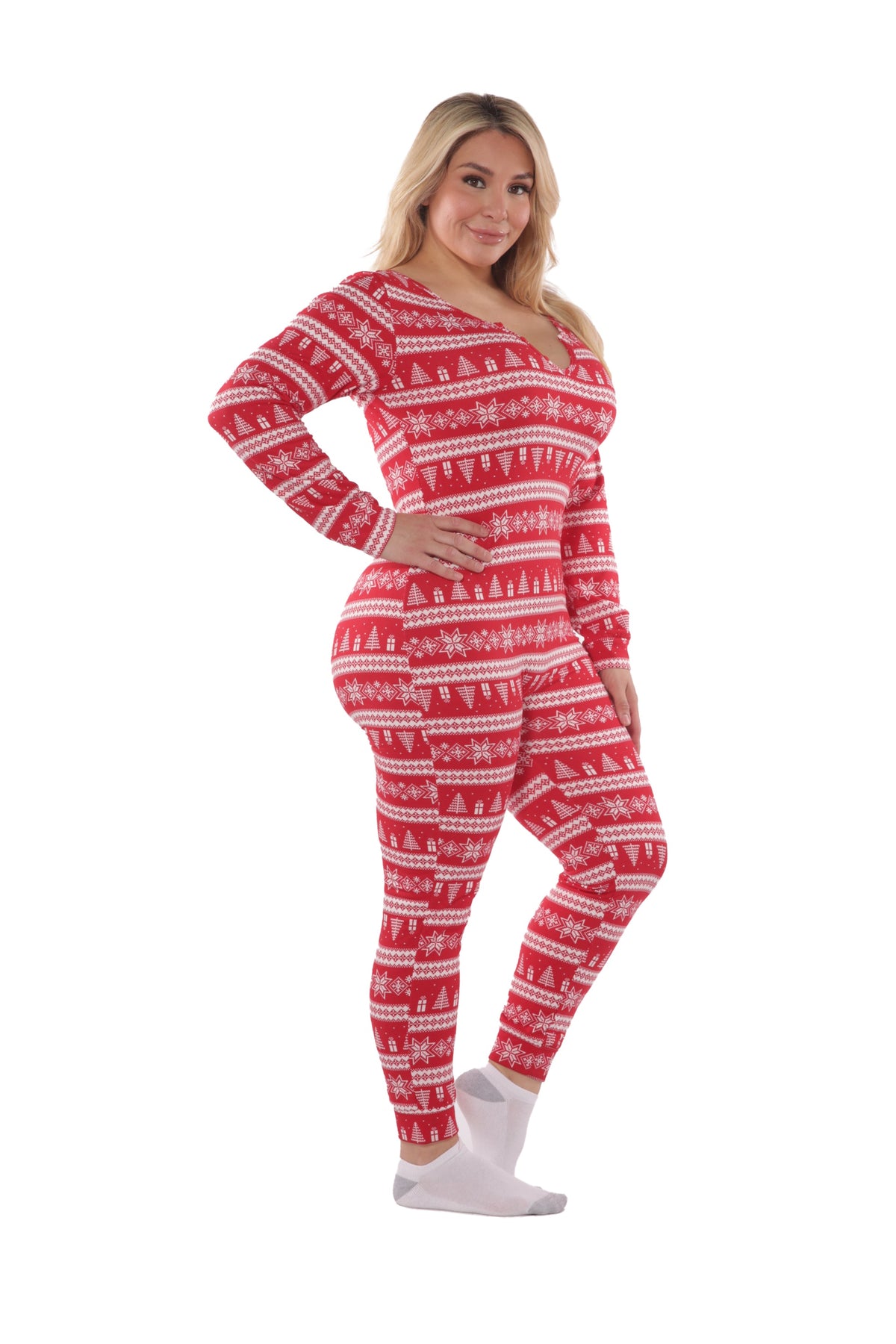 Wholesale Womens Plus Size Holiday Print Fleece Lined Jumpsuit Onesie - Red & White