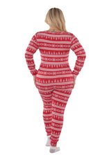 Wholesale Womens Plus Size Holiday Print Fleece Lined Jumpsuit Onesie - Red & White