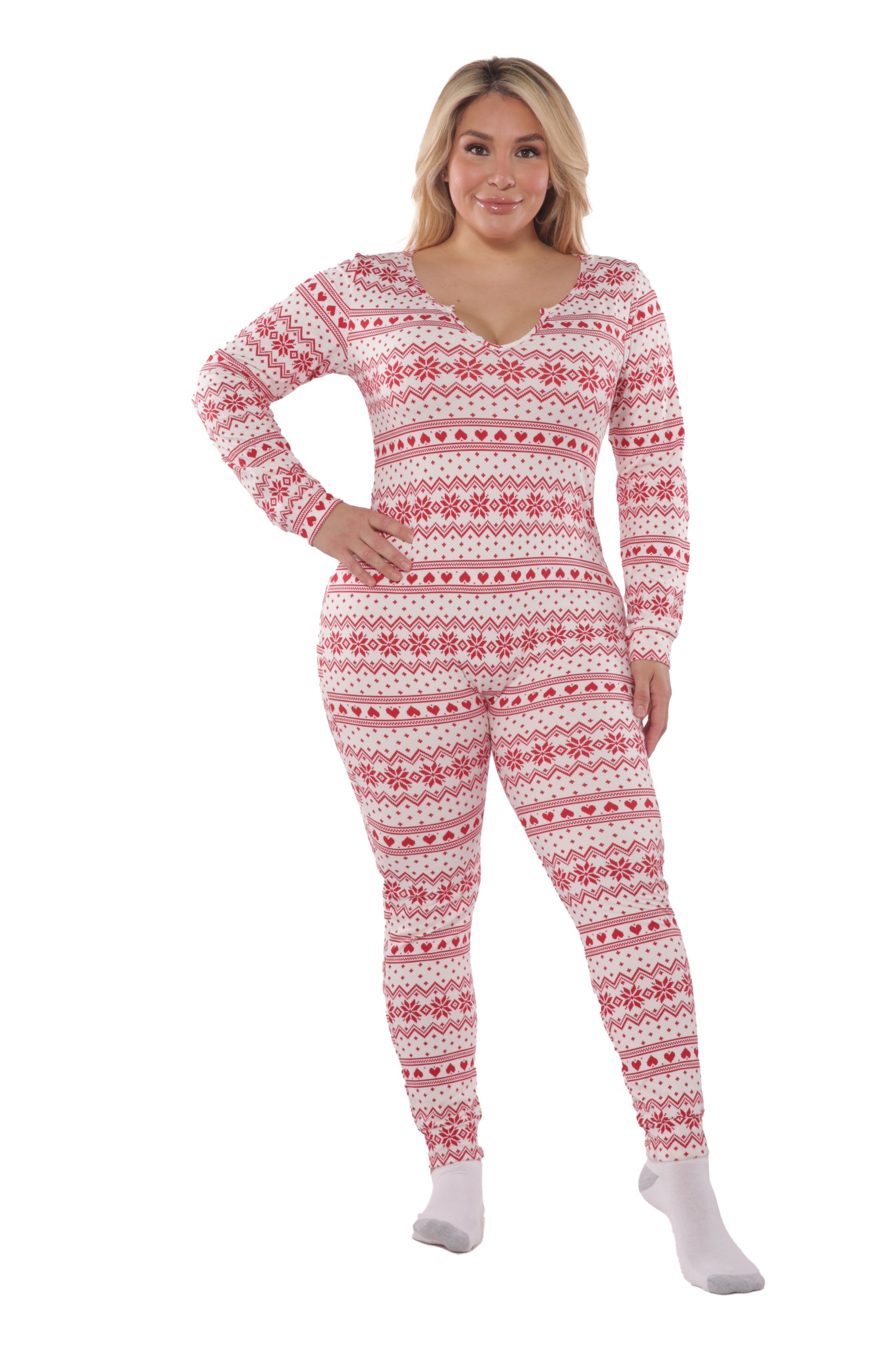 Wholesale Womens Plus Size Holiday Print Fleece Lined Jumpsuit Onesie - White & Red