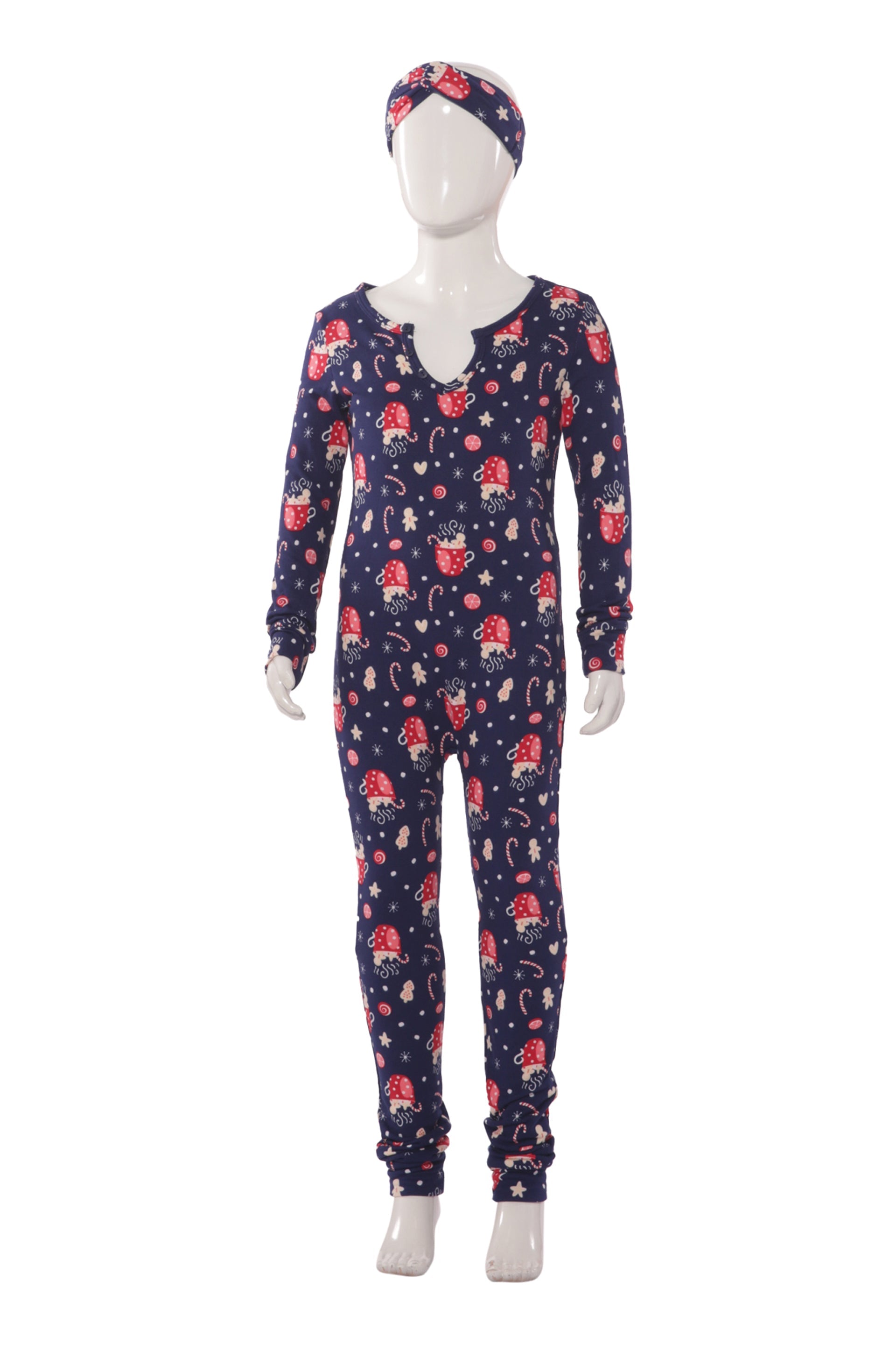 Wholesale Kids Christmas Print Fleece Lined Jumpsuit Onesie Pajamas - Blue & Red