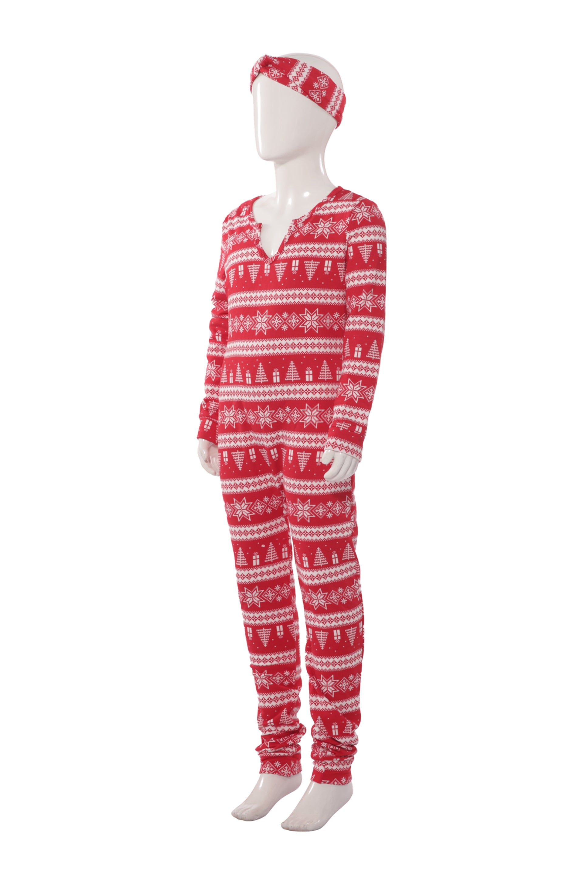 Wholesale Kids Christmas Print Fleece Lined Jumpsuit Onesie Pajamas - Red, White Fair Isle
