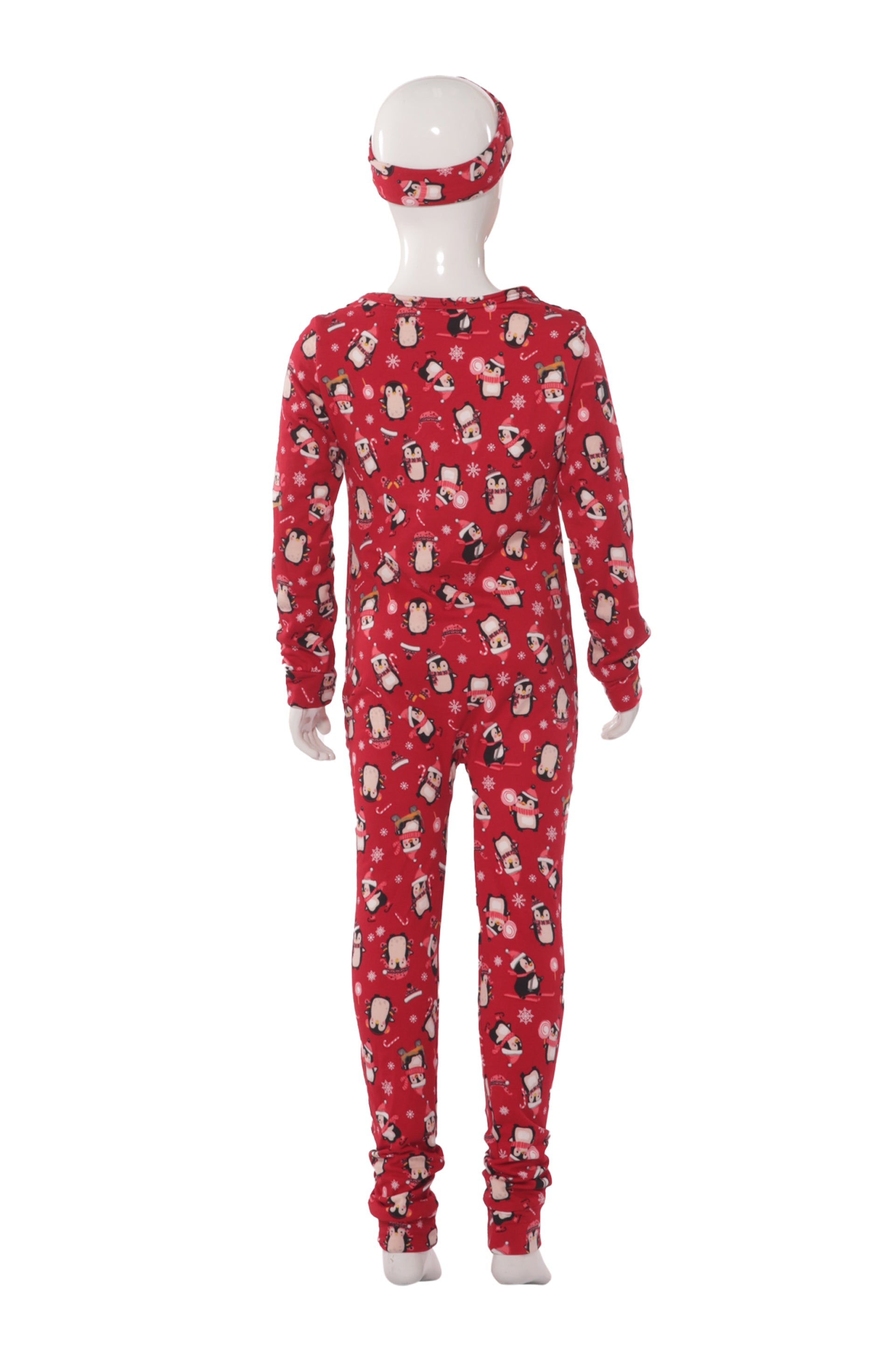 Wholesale Kids Christmas Print Fleece Lined Jumpsuit Onesie Pajamas - Red Penguins