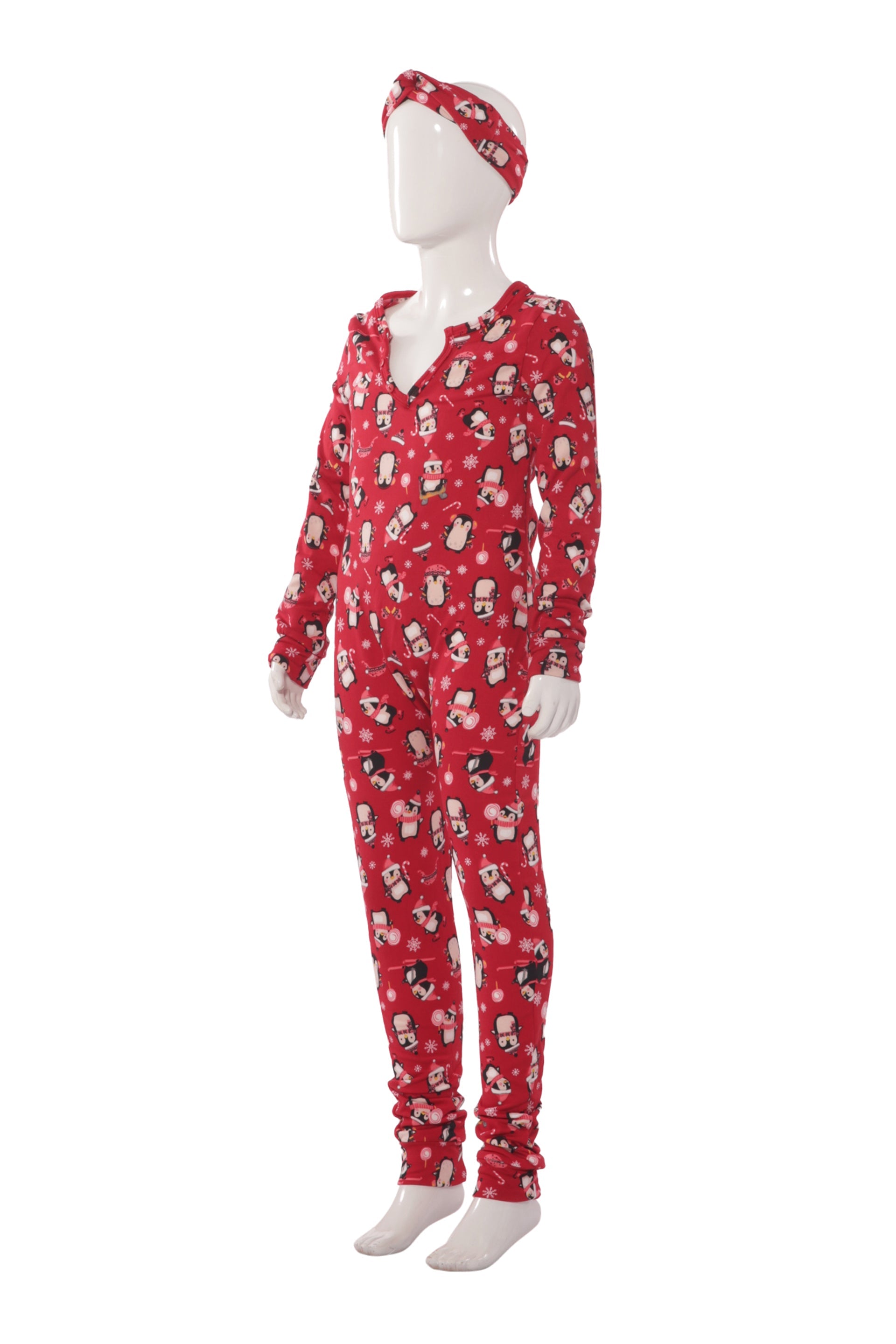 Wholesale Kids Christmas Print Fleece Lined Jumpsuit Onesie Pajamas - Red Penguins