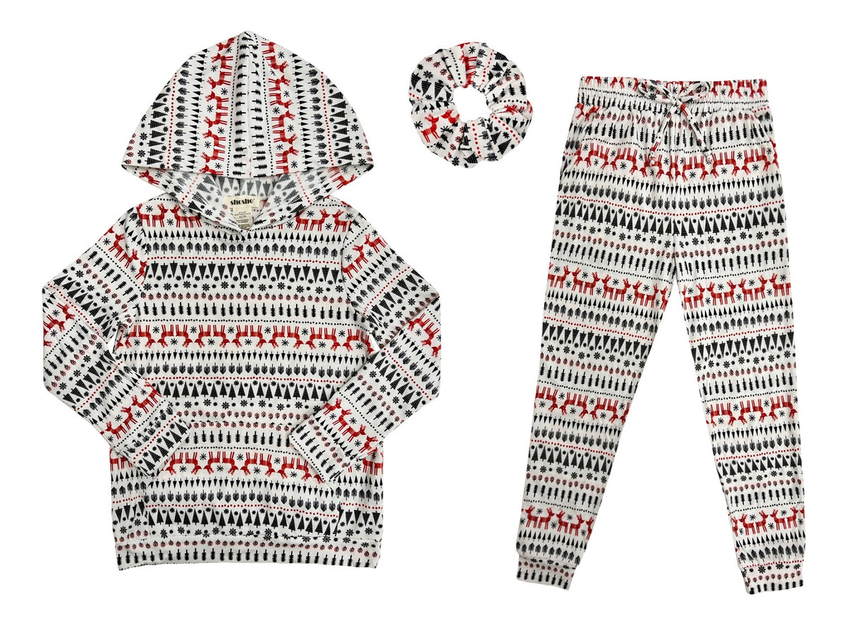 Wholesale Big Kids Christmas 2-Piece Fleece Lined Pull Over Hoodie + Sweatpants Pajamas Sets - Red, White, Black Fair Isle Print
