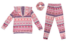 Wholesale Big Kids Christmas 2-Piece Fleece Lined Pull Over Hoodie + Sweatpants Pajamas Sets - Pink, White Fair Isle Print