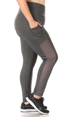 Wholesale Womens Plus Size High Waist Tummy Control Sports Leggings With Side Mesh Pocket Panels - Charcoal