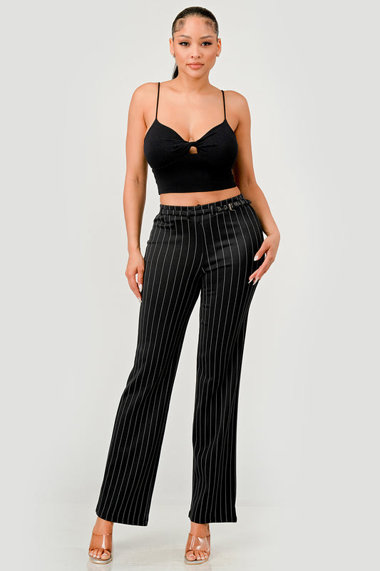 Wholesale Womens Wide Leg Pants With Skinny Belt - Black, White Stripe Print