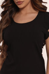 Wholesale Womens Ruffle Sleeves Rib Knit Tank Tops - Black