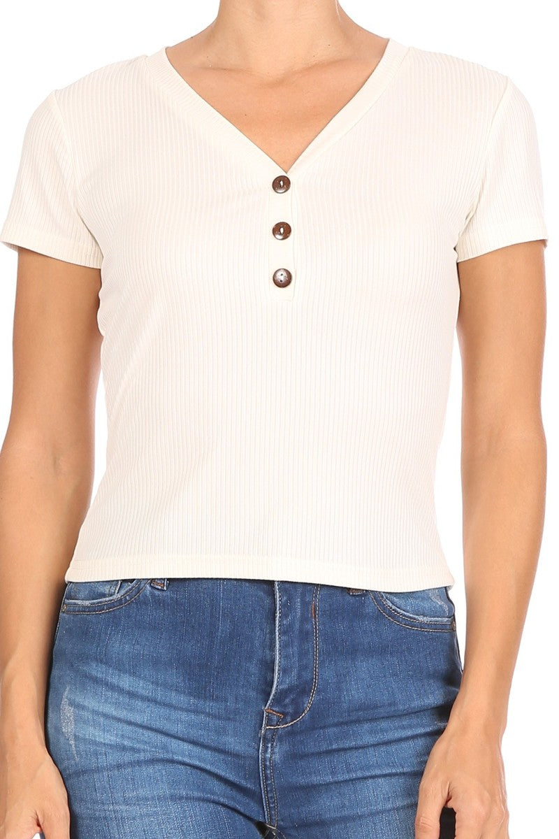 Wholesale Womens Button V-Neck Ribbed Short Sleeve T-Shirt Top - Ivory - S&G Apparel