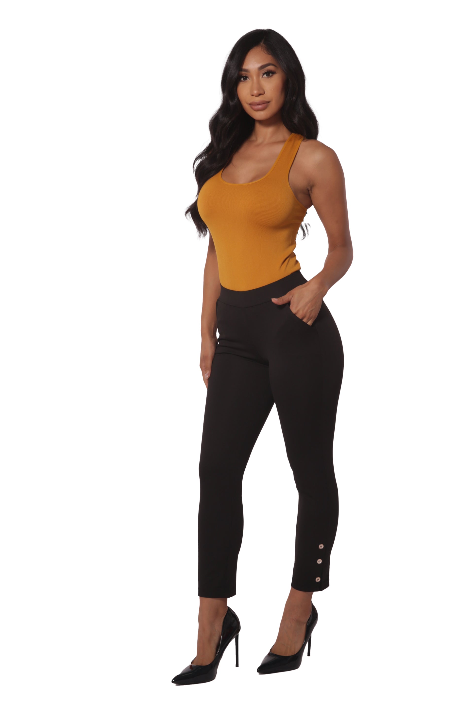 Wholesale Womens Cropped Pants With Side Ankle Button Detail - Black - S&G Apparel