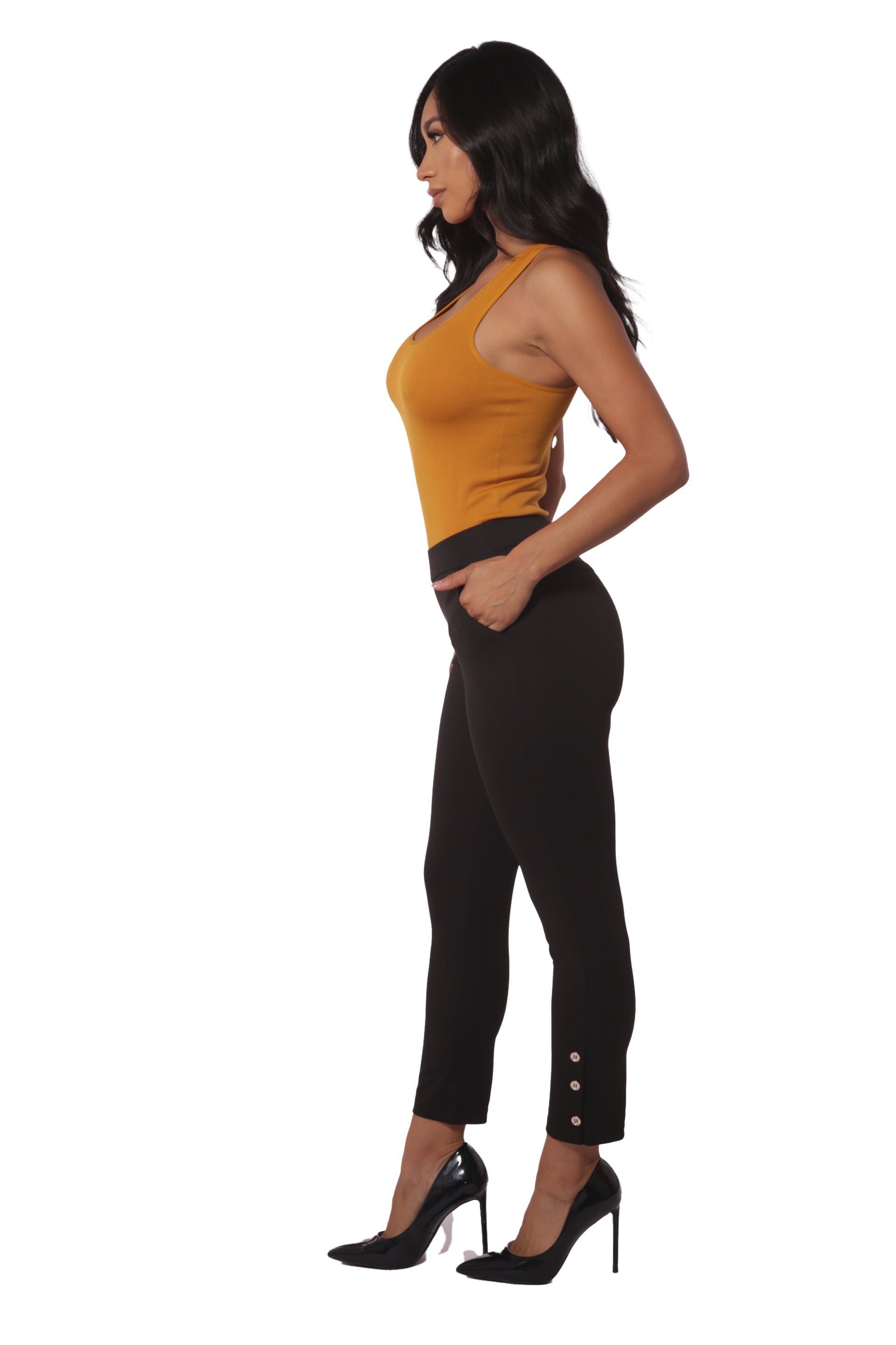 Wholesale Womens Cropped Pants With Side Ankle Button Detail - Black - S&G Apparel