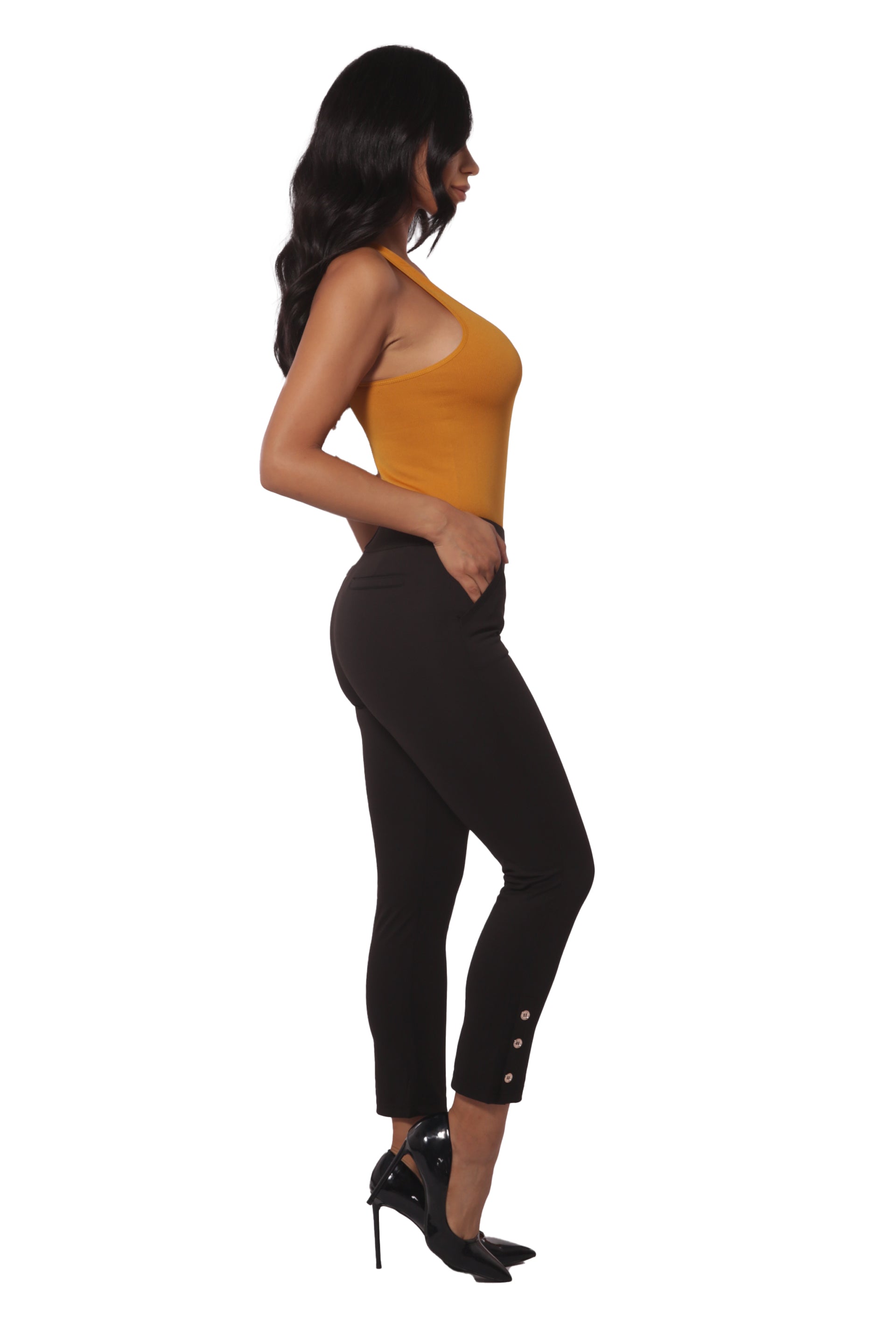 Wholesale Womens Cropped Pants With Side Ankle Button Detail - Black - S&G Apparel