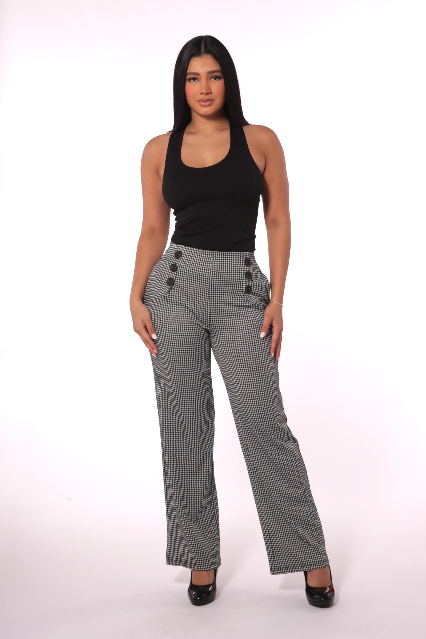 Wholesale Womens Cropped Straight Leg Pants With Button Waist Detail - Black, White Houndstooth - S&G Apparel