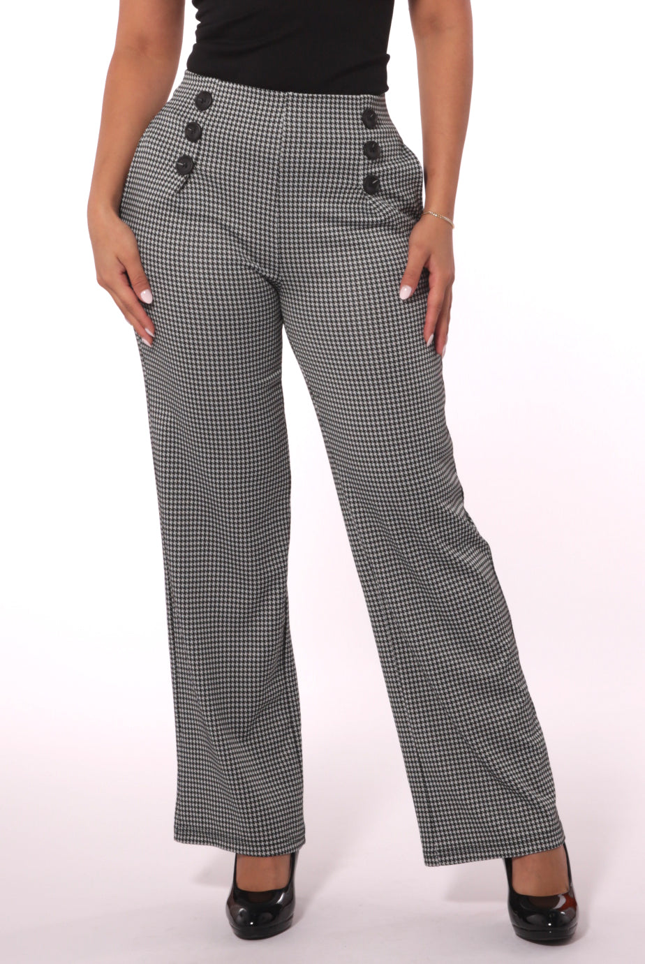 Wholesale Womens Cropped Straight Leg Pants With Button Waist Detail - Black, White Houndstooth - S&G Apparel