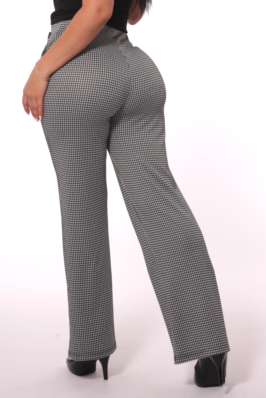 Wholesale Womens Cropped Straight Leg Pants With Button Waist Detail - Black, White Houndstooth - S&G Apparel