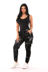 Wholesale Womens Fleece Lined Cargo Sweatpants - Black & White Marble - S&G Apparel