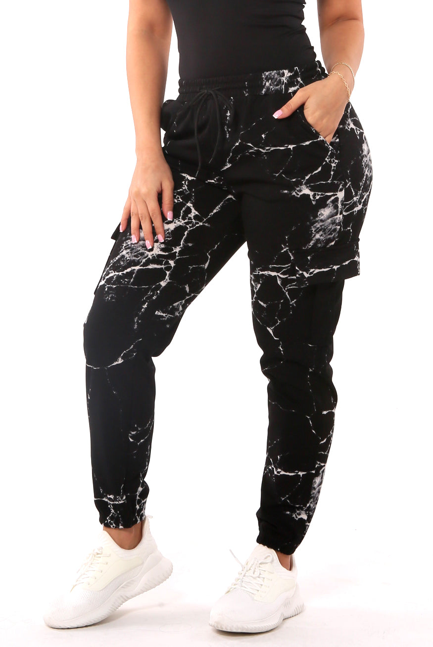 Wholesale Womens Fleece Lined Cargo Sweatpants - Black & White Marble - S&G Apparel