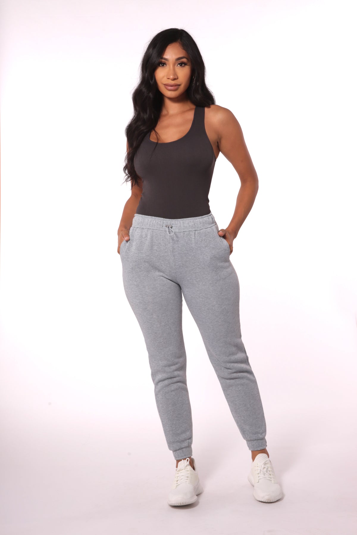 Wholesale Womens Fleece Lined Sweatpants with Bungee Cord Waist - Light Gray - S&G Apparel