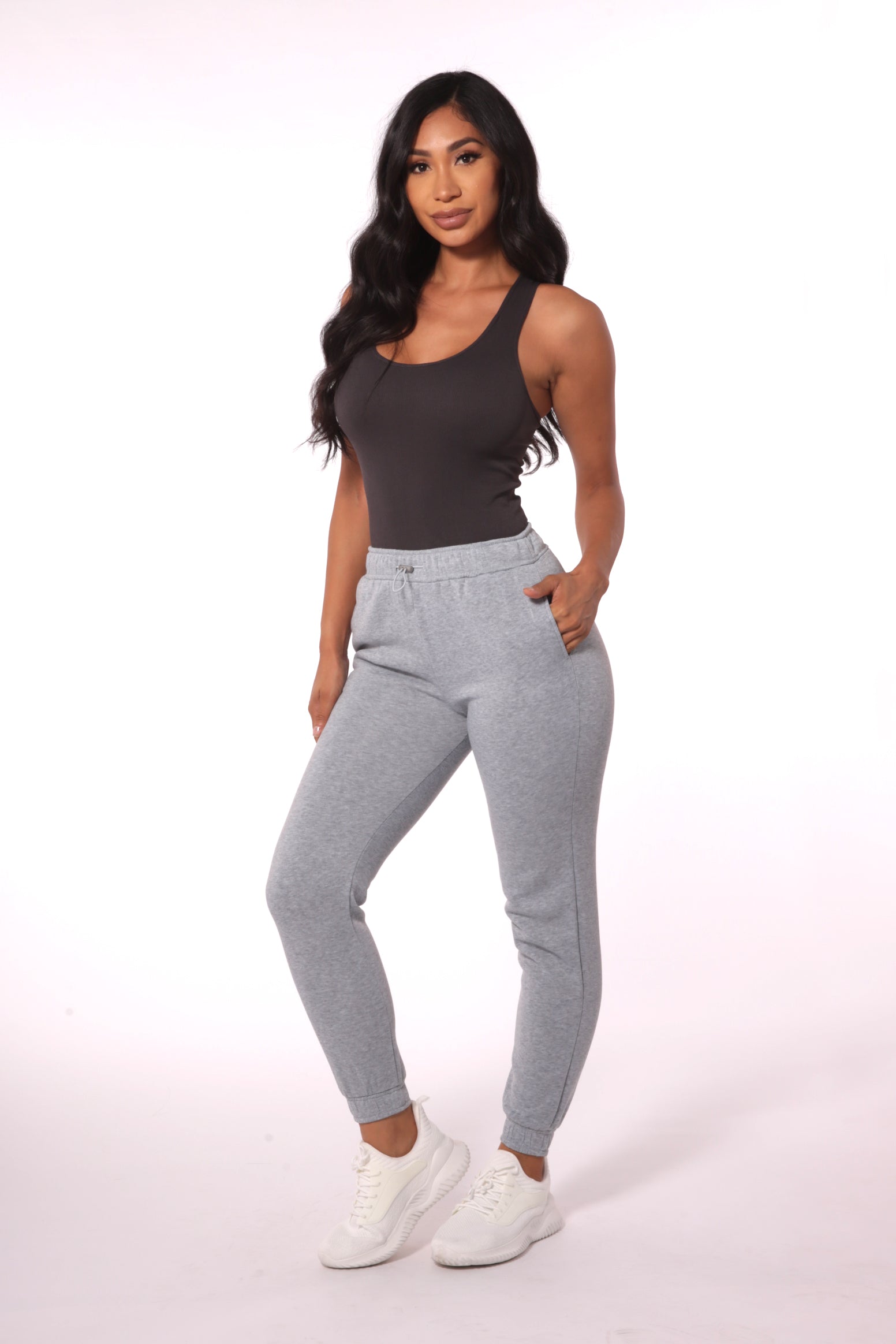 Wholesale Womens Fleece Lined Sweatpants with Bungee Cord Waist - Light Gray - S&G Apparel