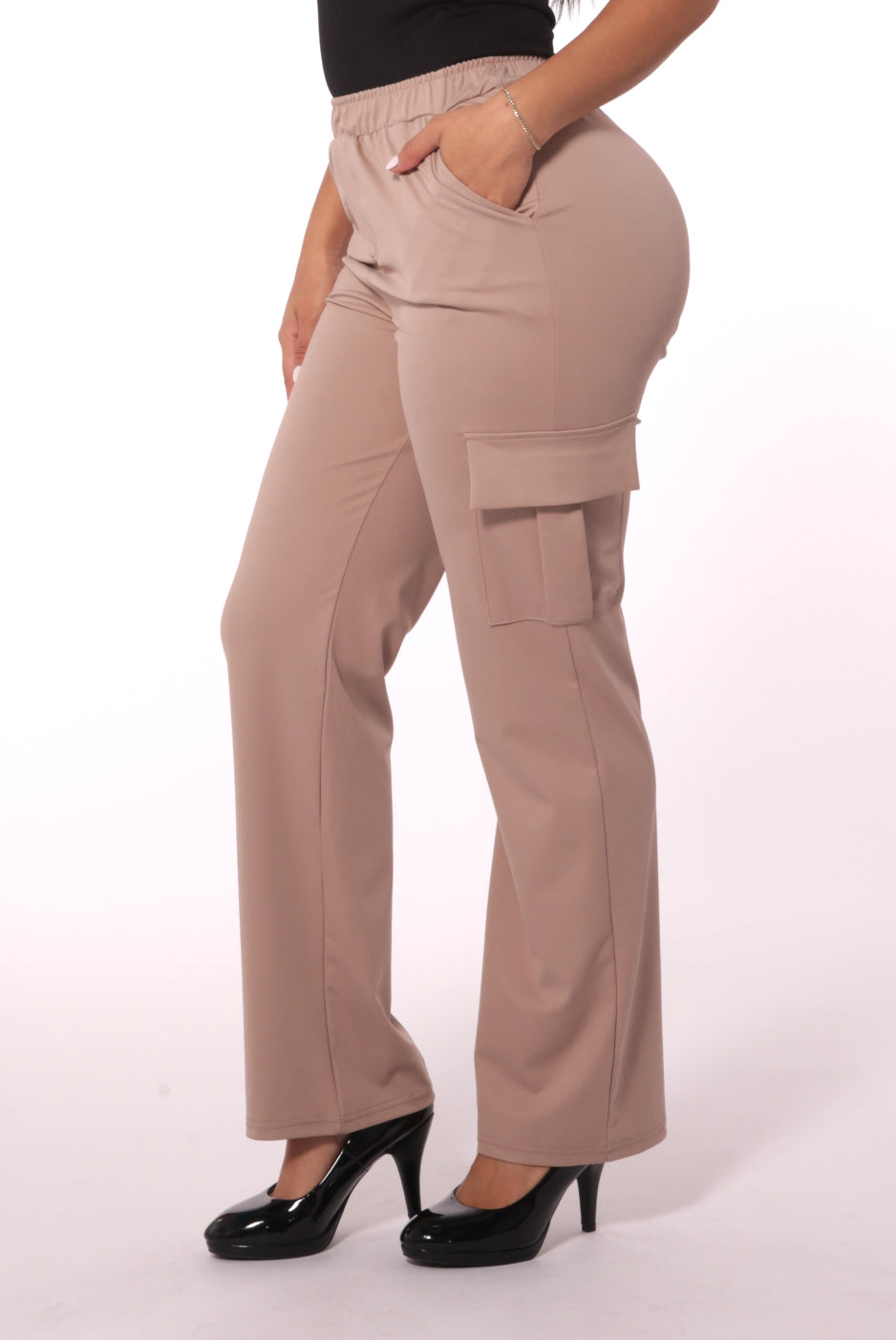 Wholesale Womens High Rise Straight Leg Cargo Pants - Latte - S&G Apparel