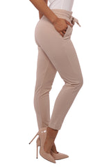 Wholesale Womens High Waist Crepe Slim Fit Pants With Self Tie - Khaki - S&G Apparel