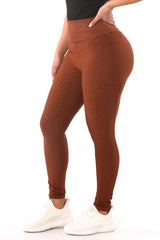 Wholesale Womens High Waist Diamond Honeycomb Textured Butt Scrunch Sports Leggings With Pockets - Camel Brown - S&G Apparel