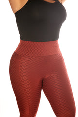 Wholesale Womens High Waist Diamond Honeycomb Textured Butt Scrunch Sports Leggings With Pockets - Firebrick - S&G Apparel
