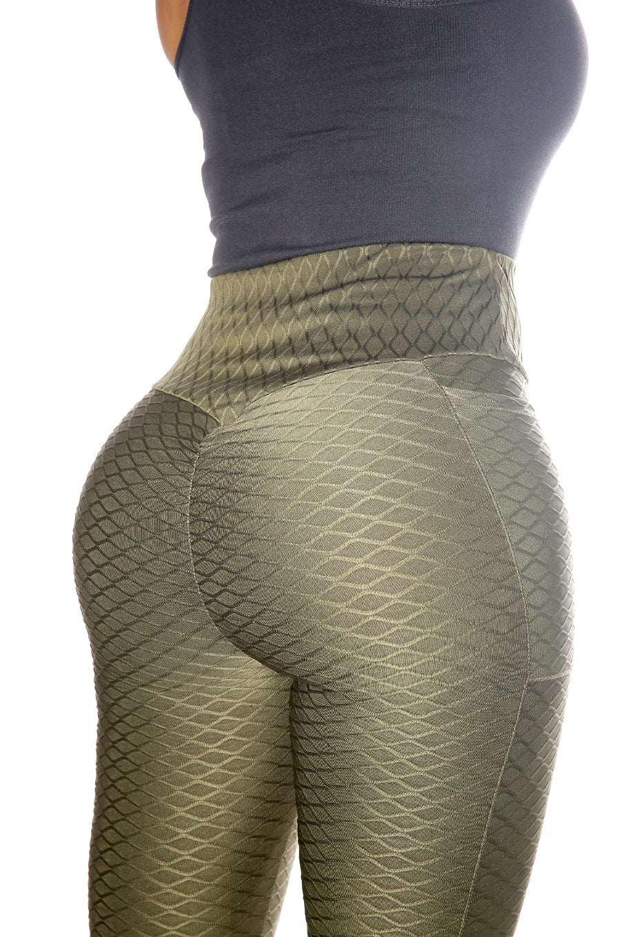 Wholesale Womens High Waist Diamond Honeycomb Textured Butt Scrunch Sports Leggings With Pockets - Olive - S&G Apparel