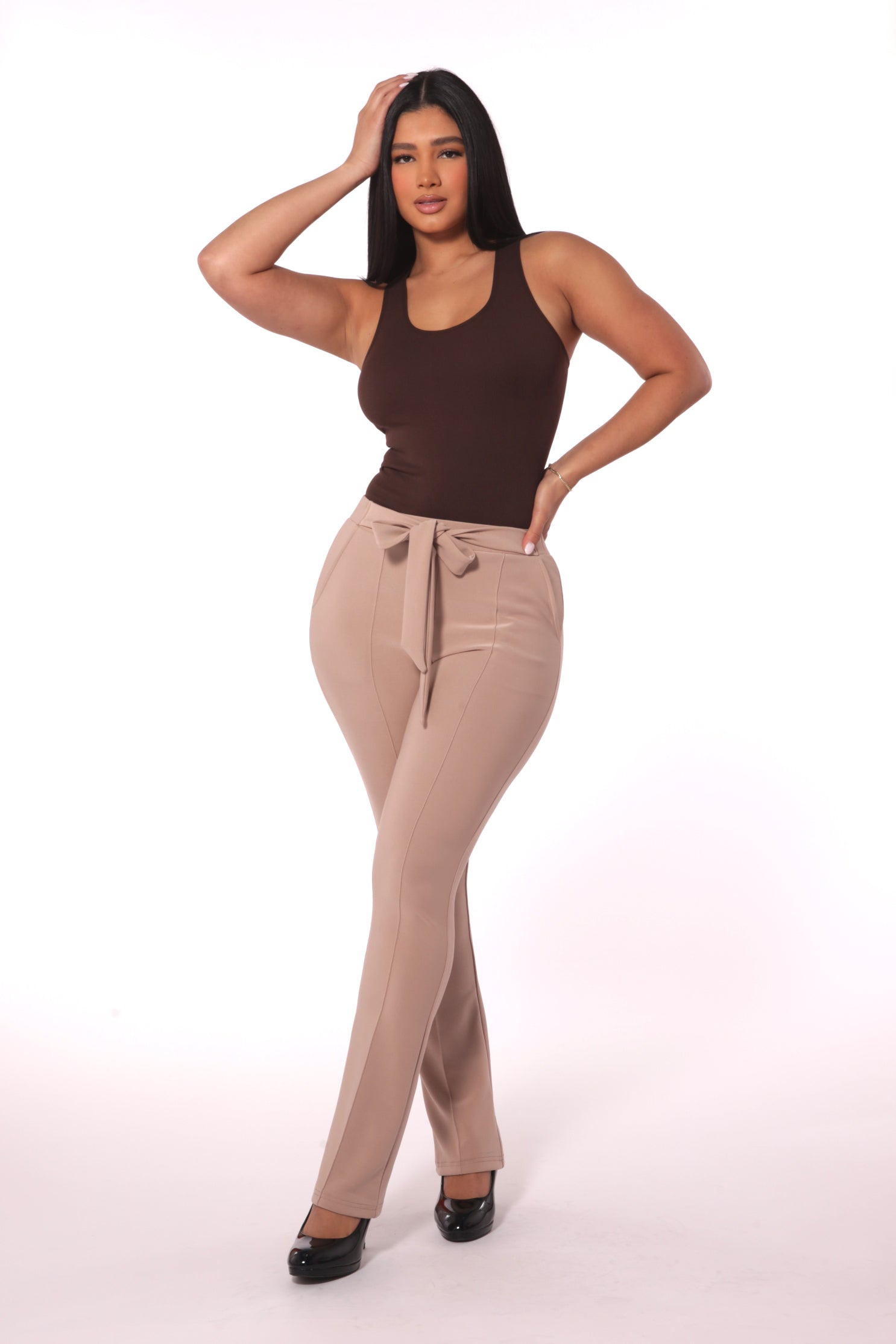 Wholesale Womens High Waist Flare Pants With Front Seam Detail And Waist Tie - Latte - S&G Apparel