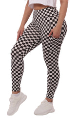 Wholesale Womens High Waist Fleece Lined Leggings With Side Pockets - Black & White Checkered - S&G Apparel