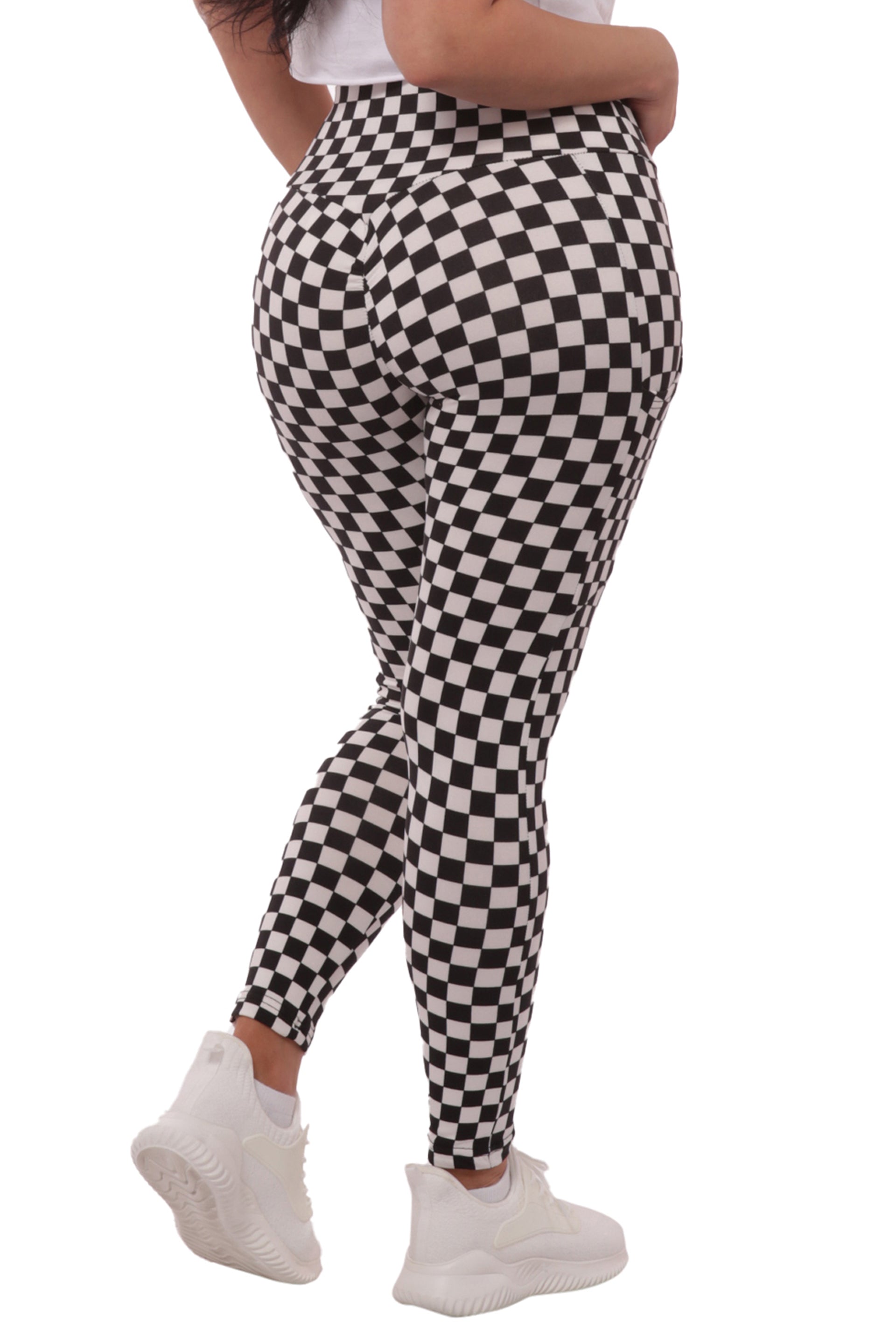 Wholesale Womens High Waist Fleece Lined Leggings With Side Pockets - Black & White Checkered - S&G Apparel