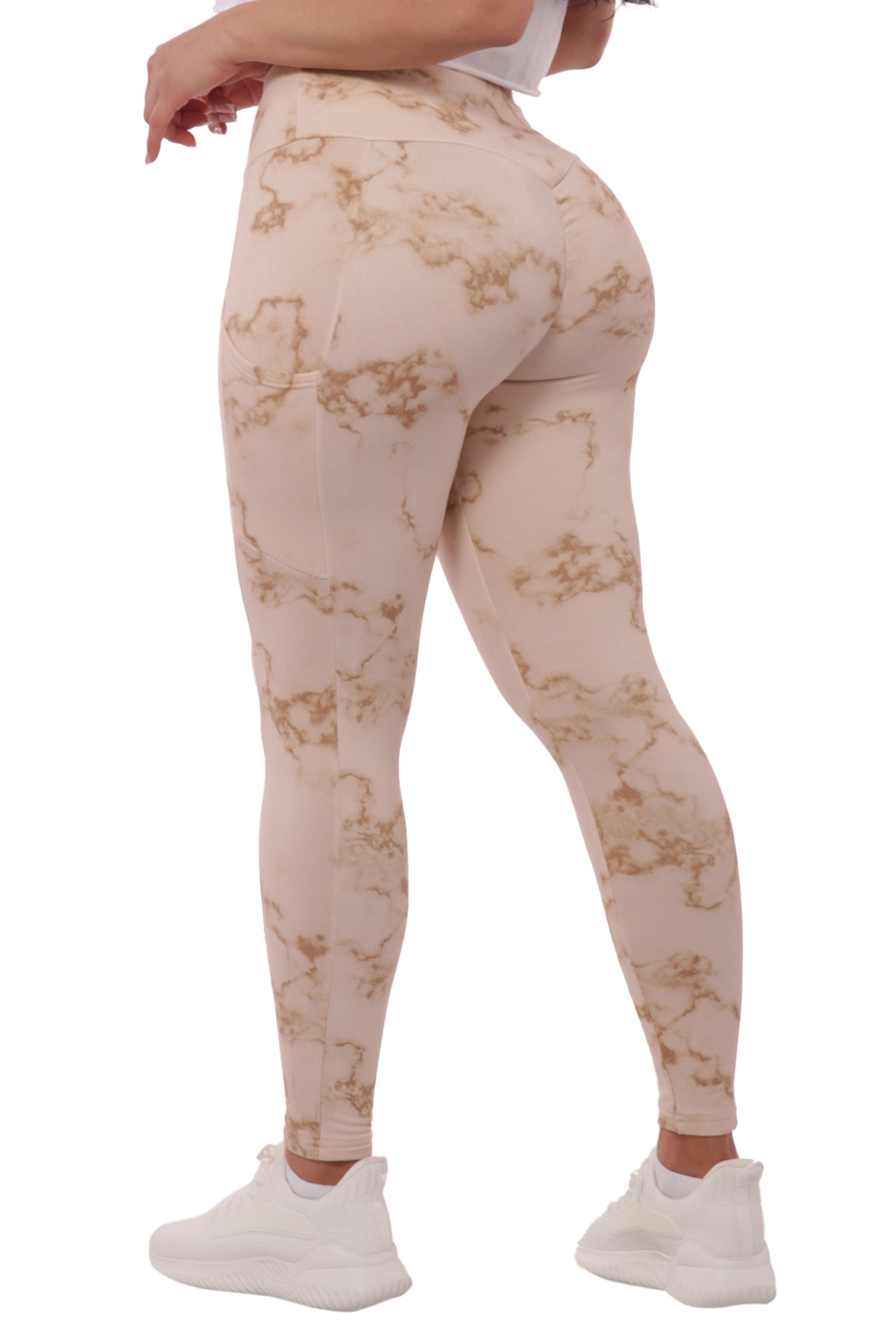 Wholesale Womens High Waist Fleece Lined Leggings With Side Pockets - Cream  Tie Dye