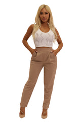 Wholesale Womens High Waist Knit Crepe Front Pleat Pull On Ankle Pants With Rolled Hem - Latte - S&G Apparel