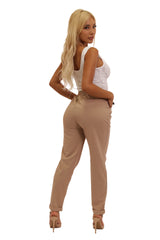 Wholesale Womens High Waist Knit Crepe Front Pleat Pull On Ankle Pants With Rolled Hem - Latte - S&G Apparel