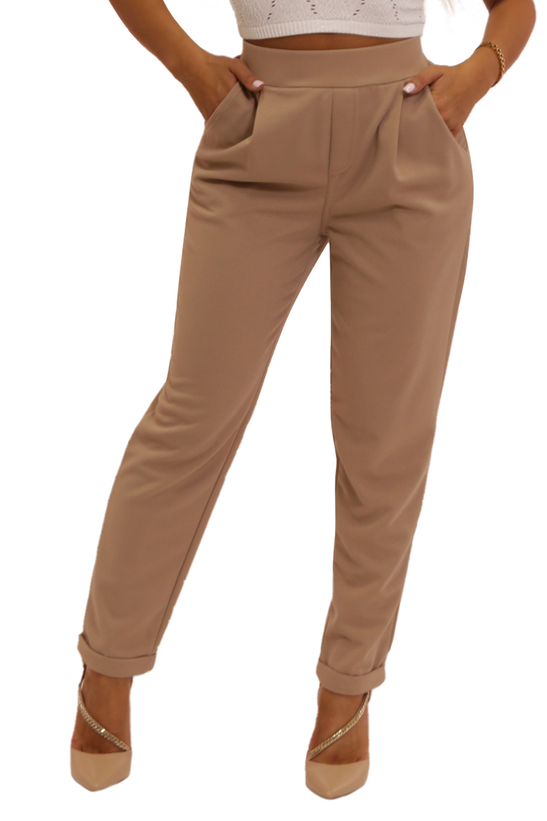 Wholesale Womens High Waist Knit Crepe Front Pleat Pull On Ankle Pants With Rolled Hem - Latte - S&G Apparel