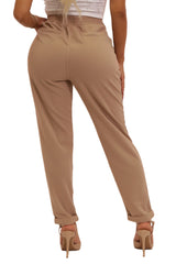 Wholesale Womens High Waist Knit Crepe Front Pleat Pull On Ankle Pants With Rolled Hem - Latte - S&G Apparel