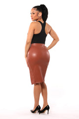 Wholesale Womens High Waist PU Faux Leather Pencil Skirt - Camel - S&G Apparel