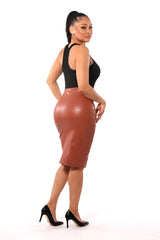 Wholesale Womens High Waist PU Faux Leather Pencil Skirt - Camel - S&G Apparel
