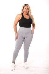 Wholesale Womens High Waist Rib Knit Leggings With Side Pockets - Grey - S&G Apparel