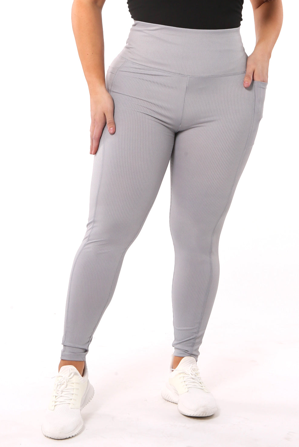 Wholesale Womens High Waist Rib Knit Leggings With Side Pockets - Grey - S&G Apparel