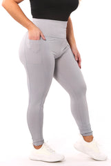 Wholesale Womens High Waist Rib Knit Leggings With Side Pockets - Grey - S&G Apparel