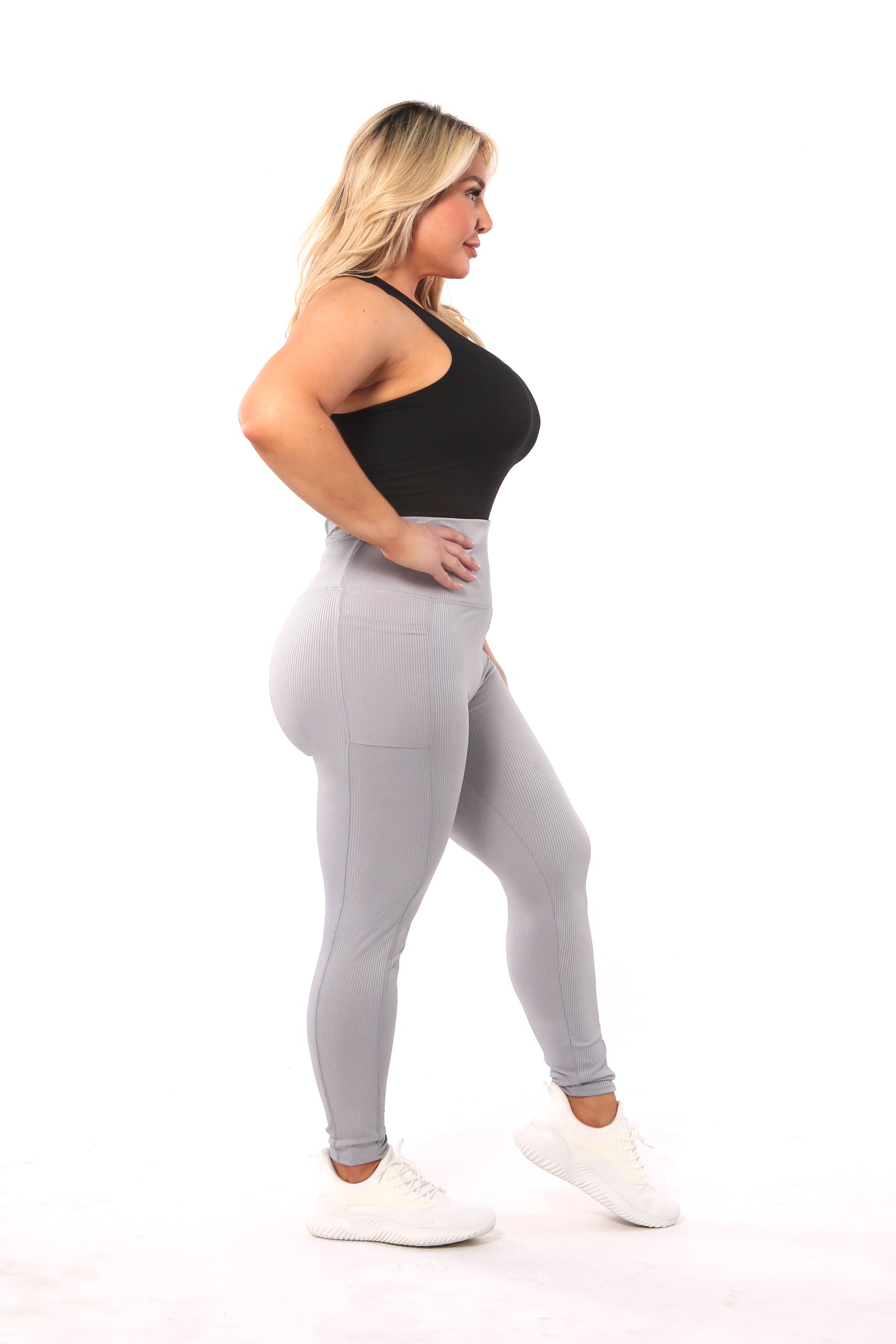 Wholesale Womens High Waist Rib Knit Leggings With Side Pockets - Grey - S&G Apparel