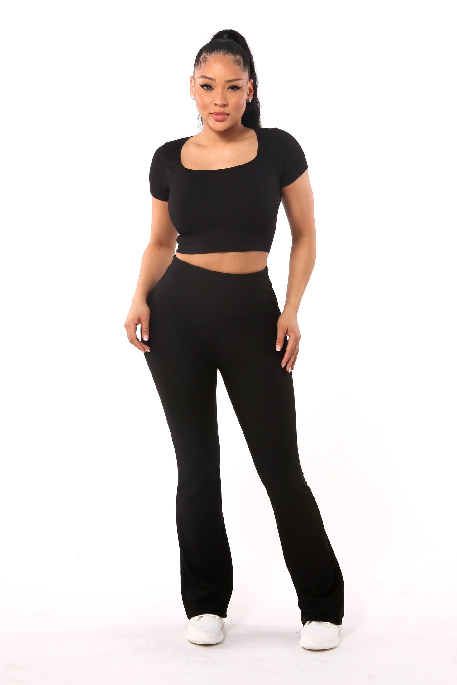 Wholesale Womens High Waist Rib Knit Tummy Control Flare Pants - Black - S&G Apparel