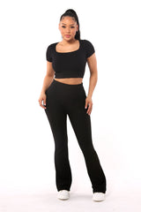 Wholesale Womens High Waist Rib Knit Tummy Control Flare Pants - Black - S&G Apparel